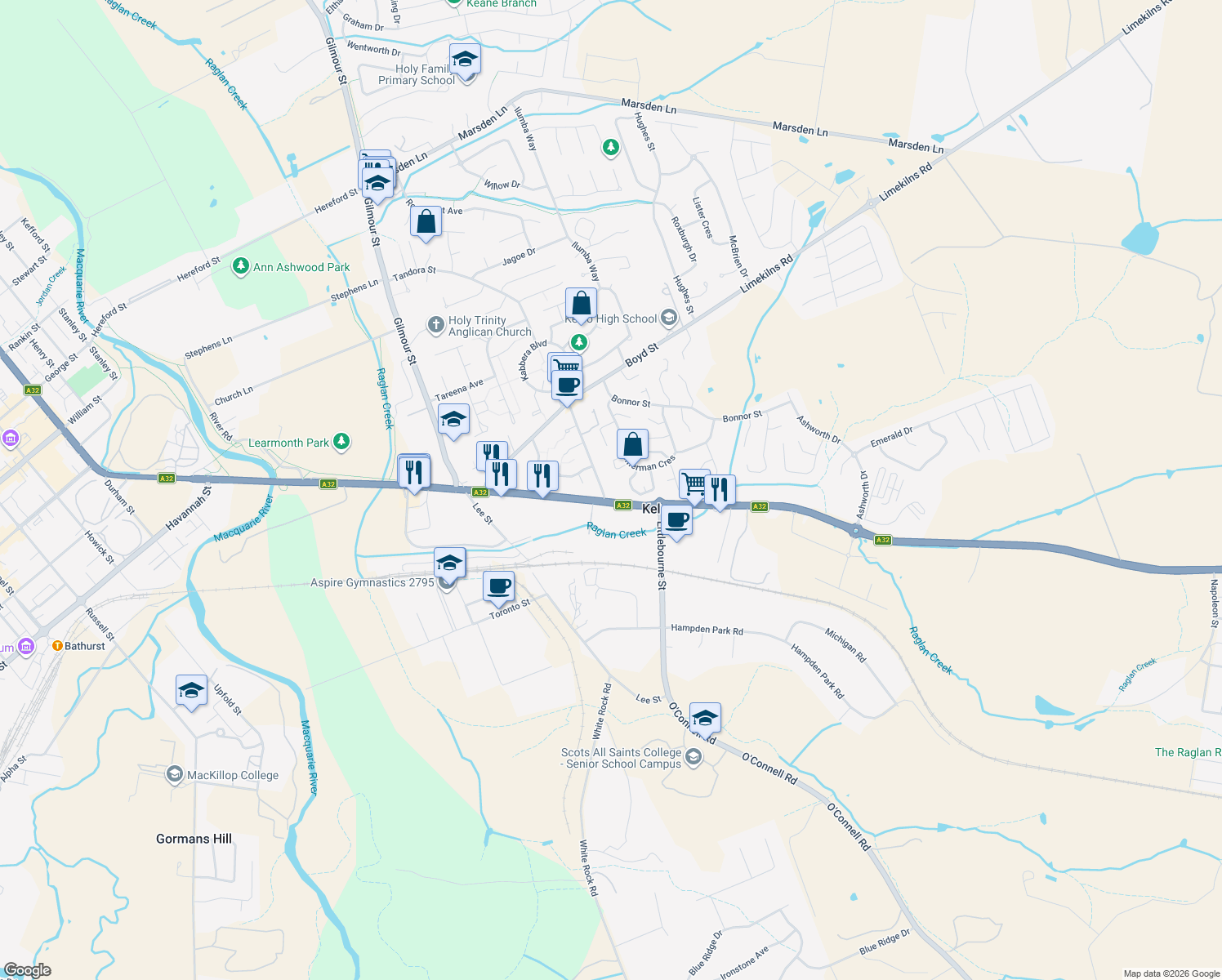 map of restaurants, bars, coffee shops, grocery stores, and more near 1A View Street in Kelso
