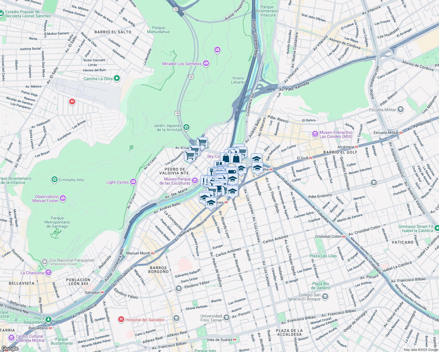 map of restaurants, bars, coffee shops, grocery stores, and more near 2325 Avenida Andrés Bello in Providencia