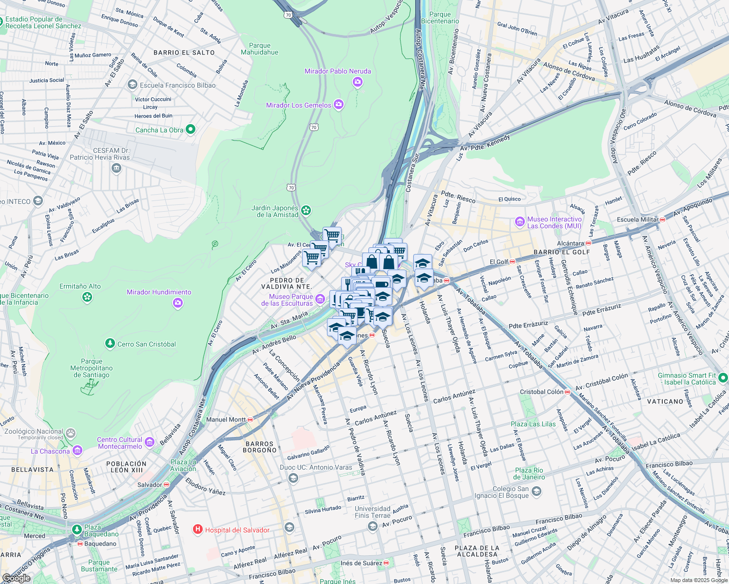 map of restaurants, bars, coffee shops, grocery stores, and more near 2325 Avenida Andrés Bello in Providencia