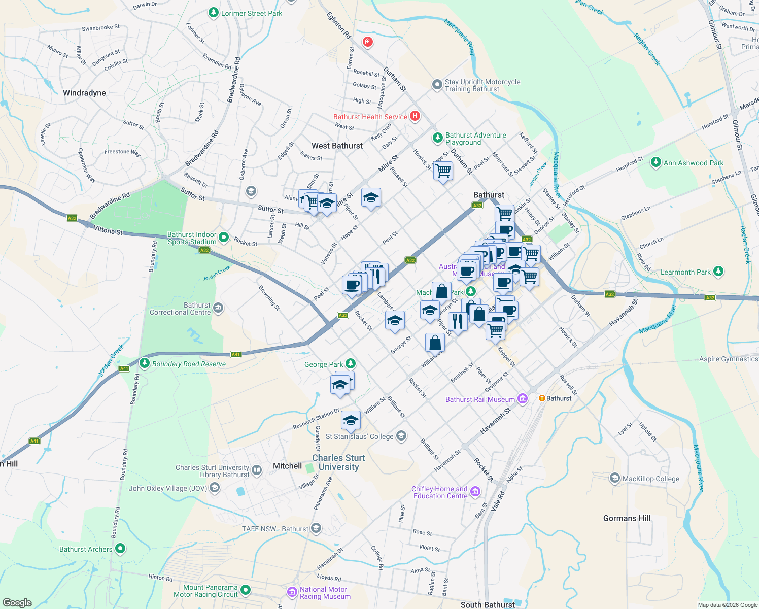 map of restaurants, bars, coffee shops, grocery stores, and more near 186 Lambert Street in Bathurst