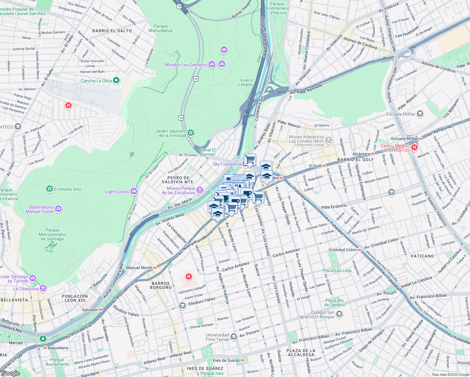 map of restaurants, bars, coffee shops, grocery stores, and more near 150 Bucarest in Providencia