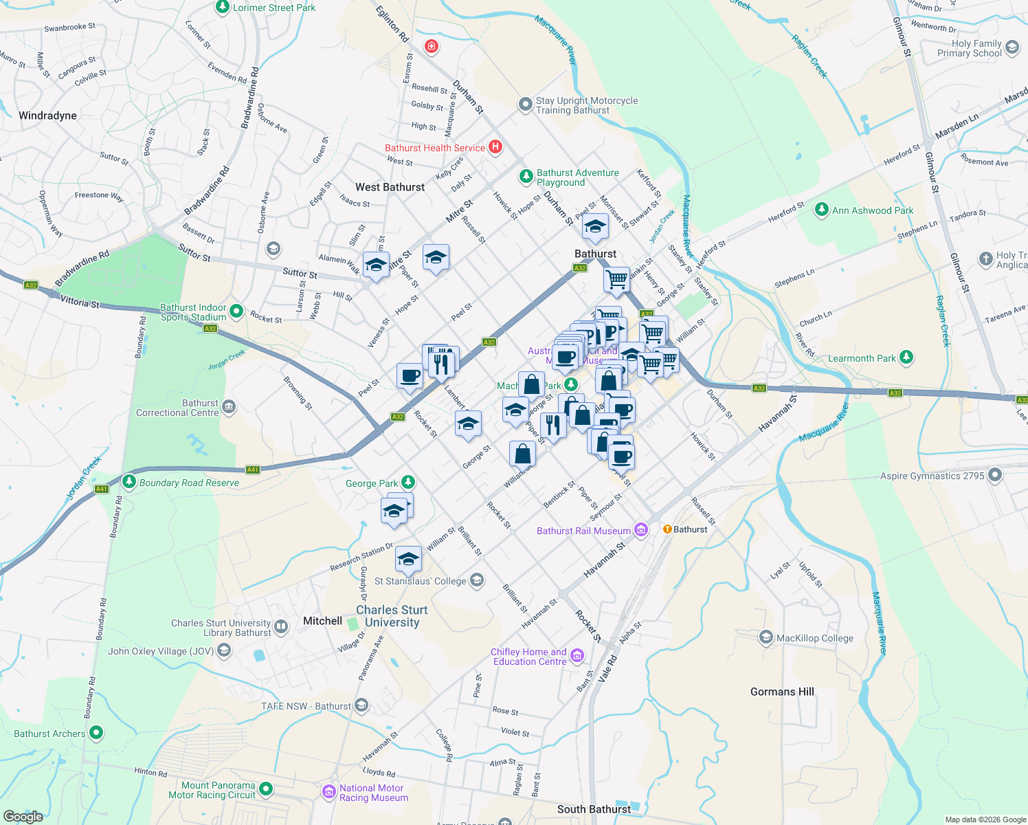 map of restaurants, bars, coffee shops, grocery stores, and more near 164 Piper Street in Bathurst