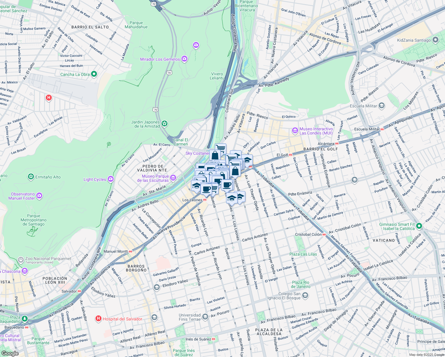 map of restaurants, bars, coffee shops, grocery stores, and more near 13 Avenida Vitacura in Providencia