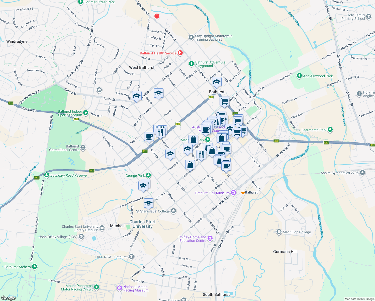 map of restaurants, bars, coffee shops, grocery stores, and more near 162 Piper Street in Bathurst