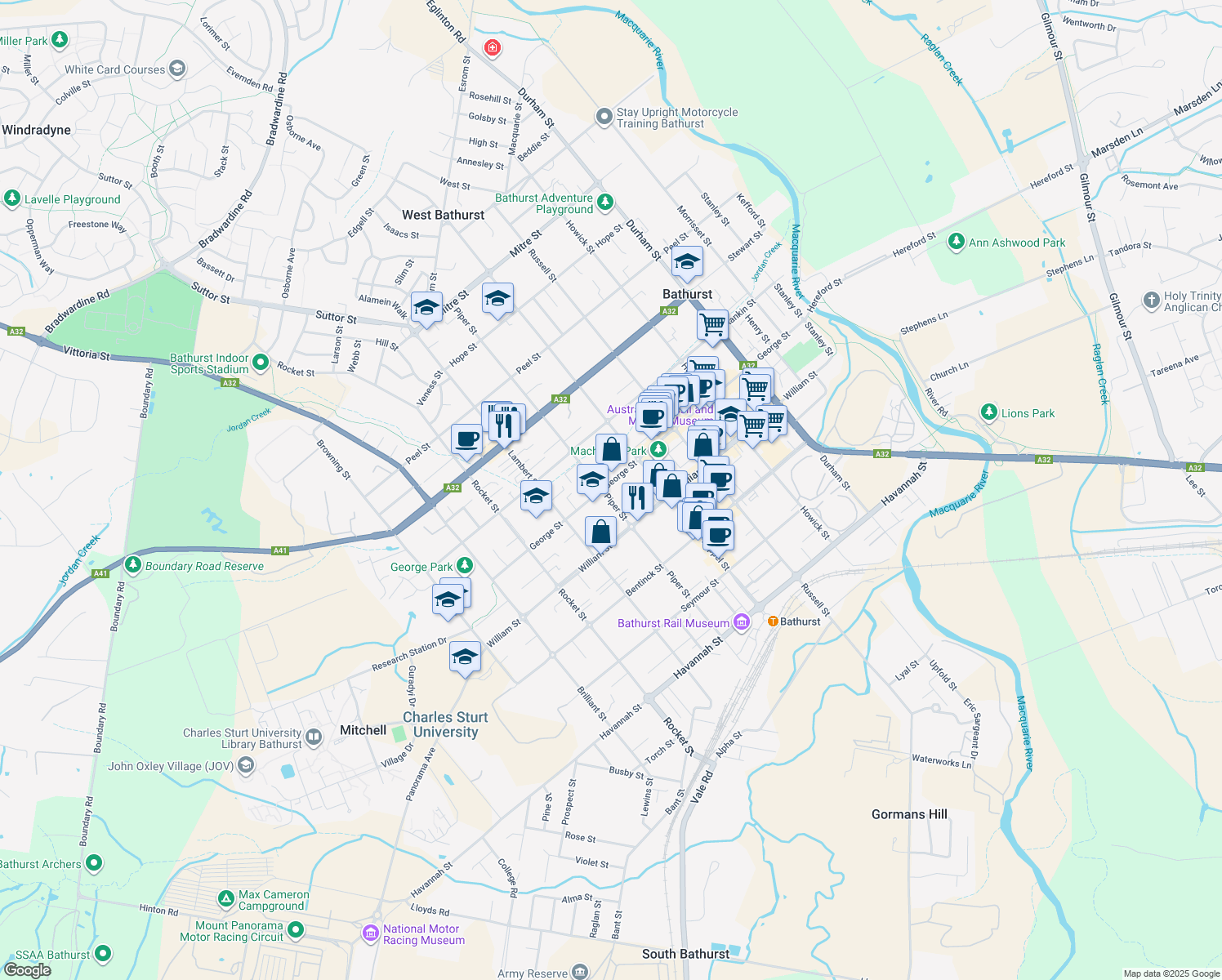 map of restaurants, bars, coffee shops, grocery stores, and more near 110 George Street in Bathurst