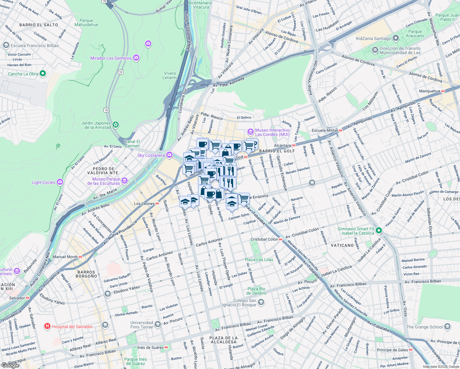 map of restaurants, bars, coffee shops, grocery stores, and more near 310 Mariano Sánchez Fontecilla in Las Condes