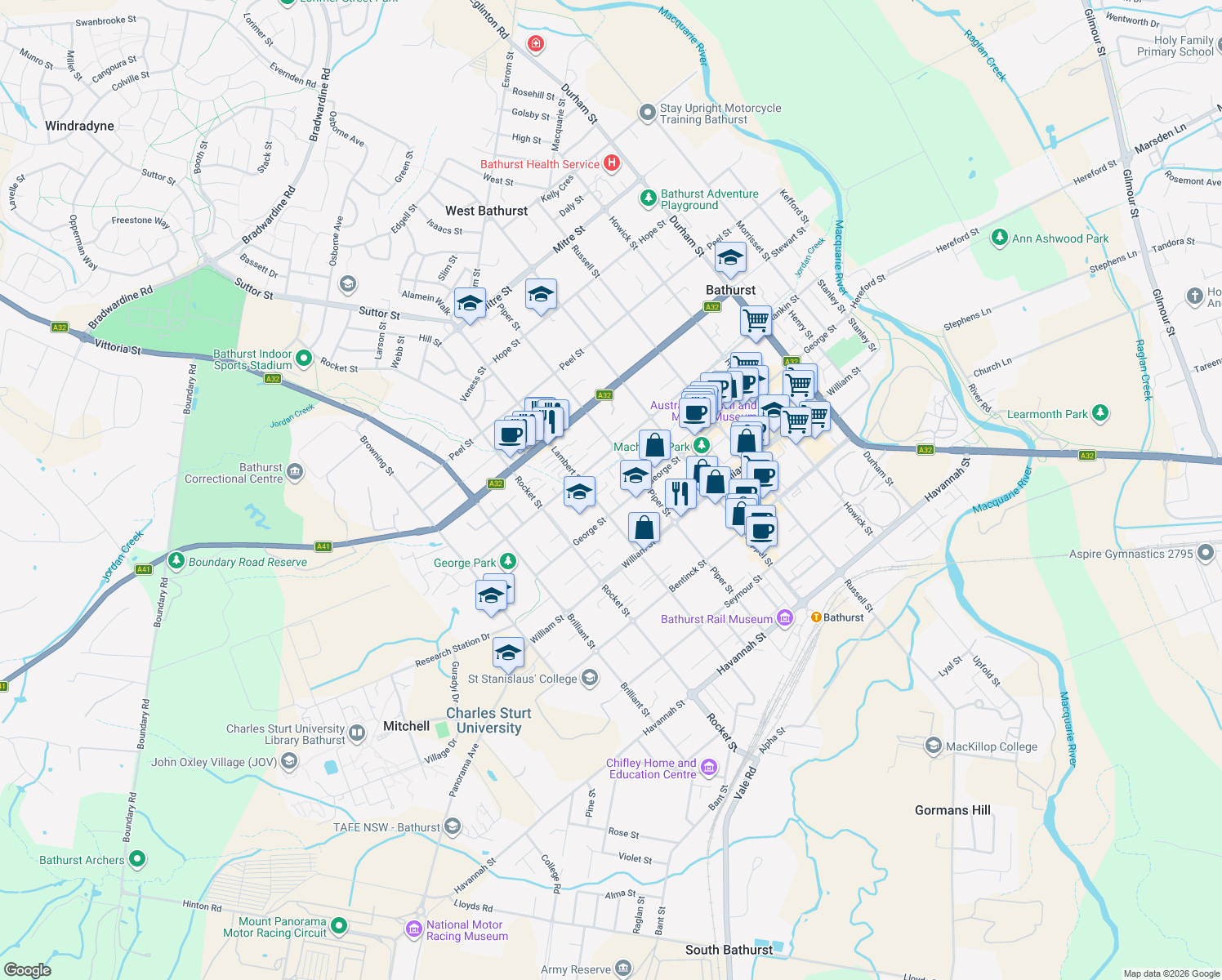 map of restaurants, bars, coffee shops, grocery stores, and more near 267A George Street in Bathurst