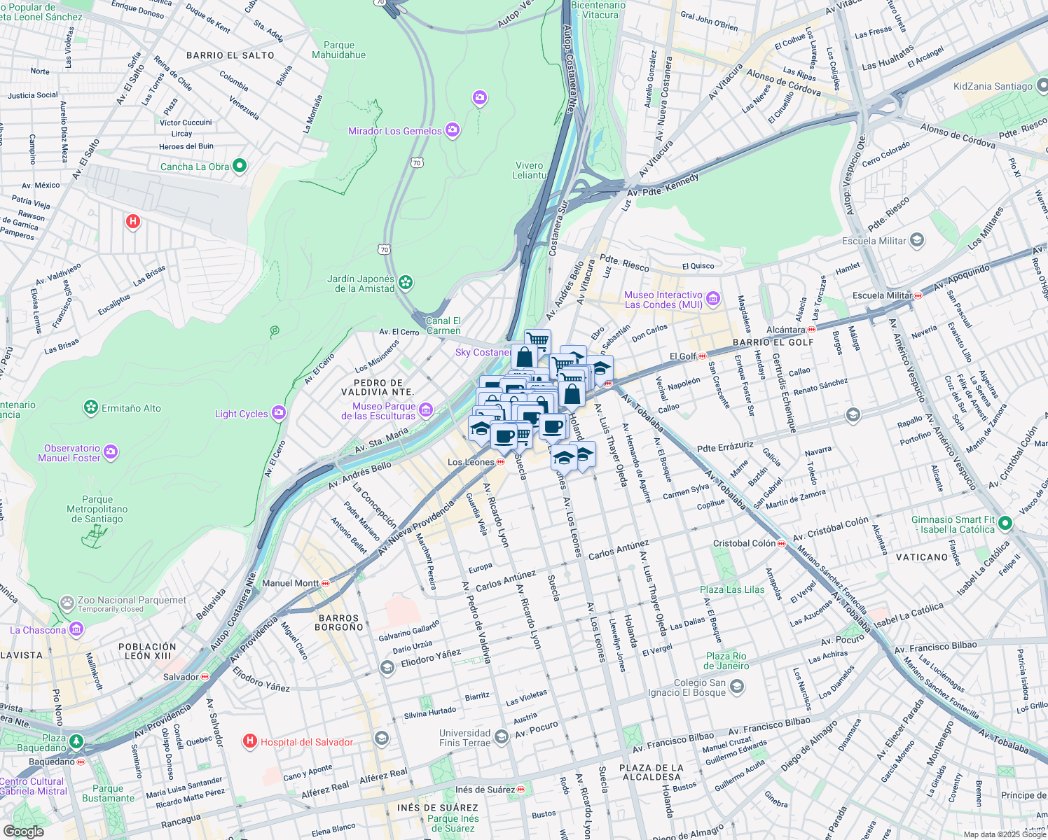 map of restaurants, bars, coffee shops, grocery stores, and more near 13 Bucarest in Providencia