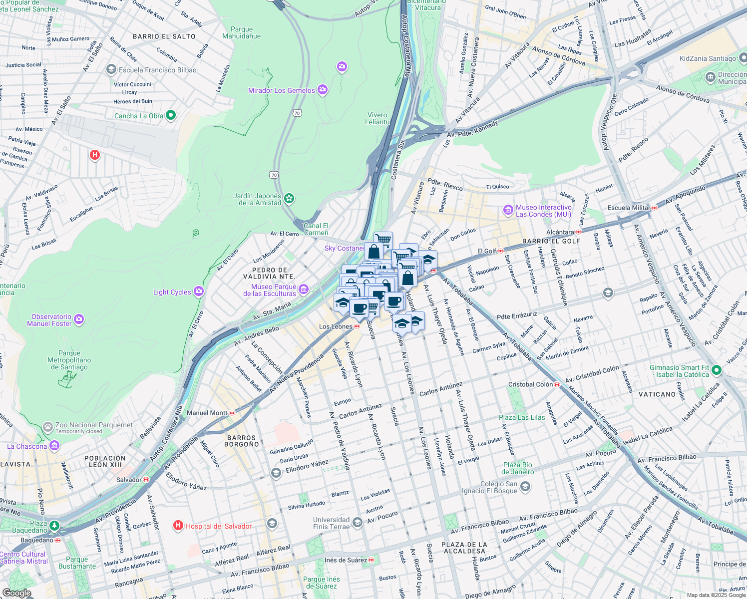 map of restaurants, bars, coffee shops, grocery stores, and more near 13 Bucarest in Providencia