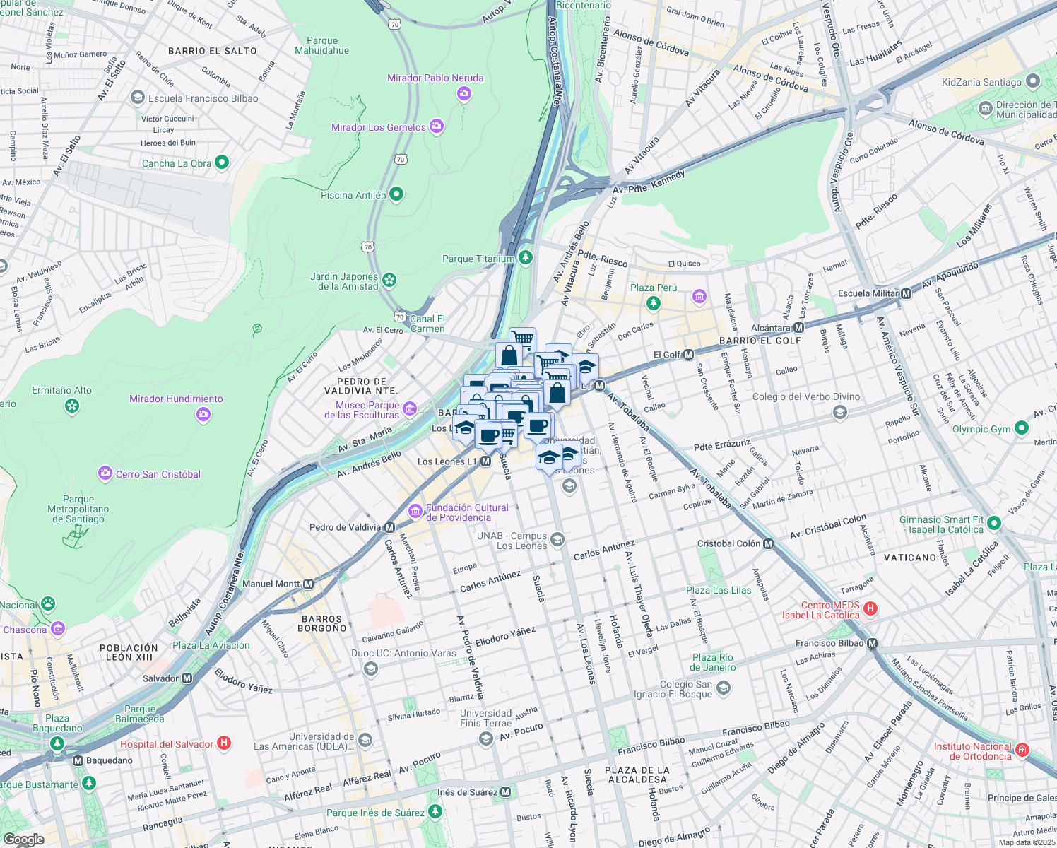 map of restaurants, bars, coffee shops, grocery stores, and more near Avenida Nueva Providencia in Providencia