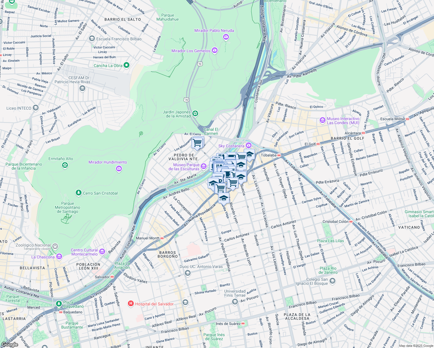 map of restaurants, bars, coffee shops, grocery stores, and more near 145 Nva de Lyon in Santiago