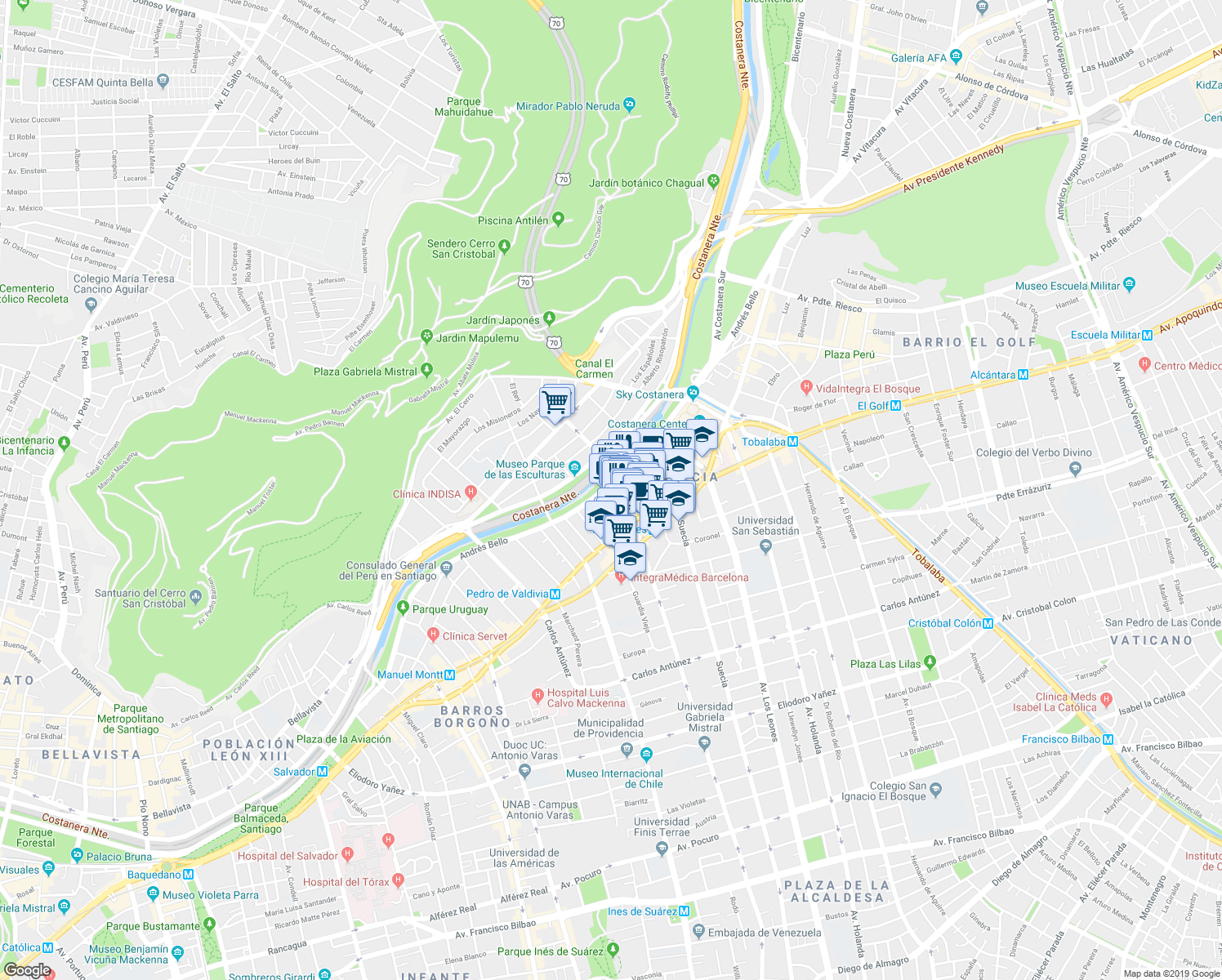 map of restaurants, bars, coffee shops, grocery stores, and more near 145 Nva de Lyon in Santiago