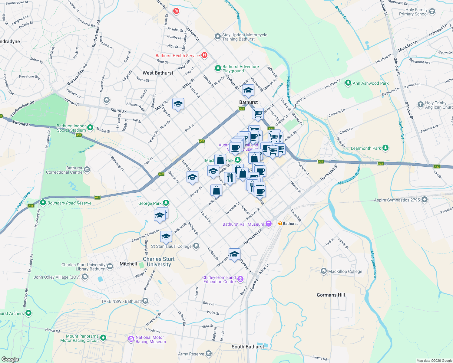 map of restaurants, bars, coffee shops, grocery stores, and more near 127 Piper Street in Bathurst