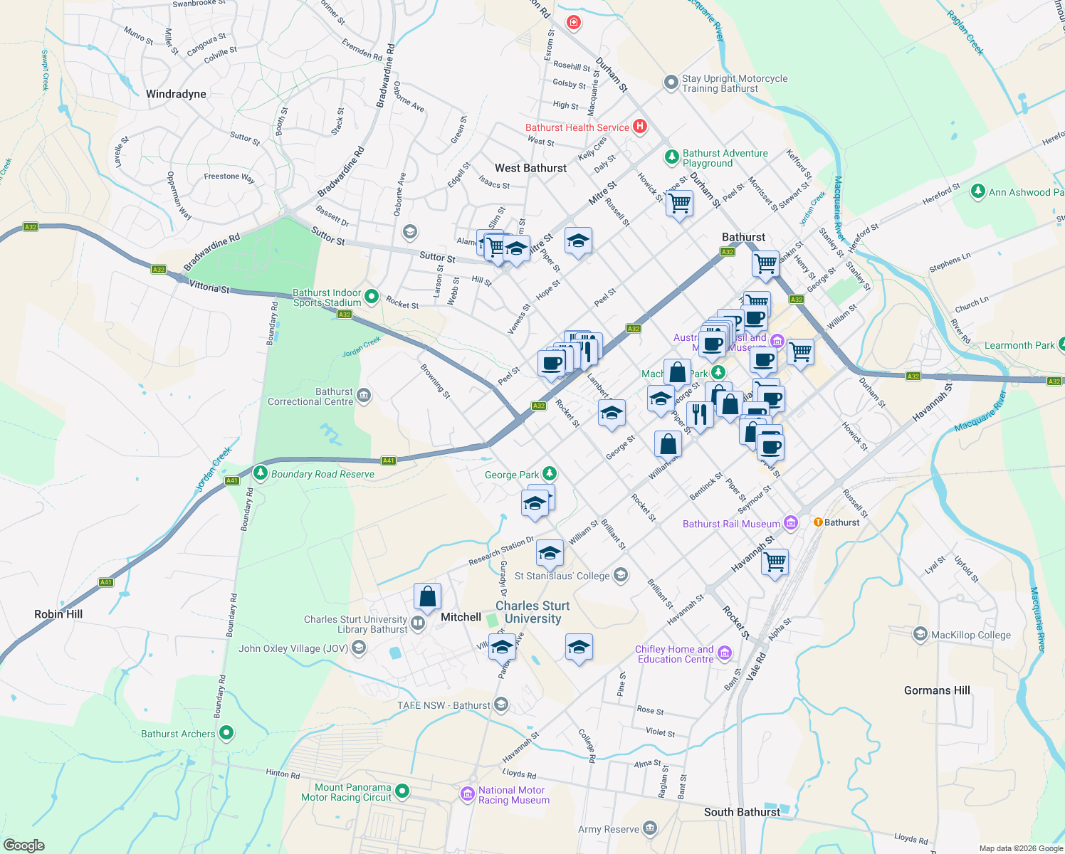map of restaurants, bars, coffee shops, grocery stores, and more near 271 Brilliant Street in Bathurst