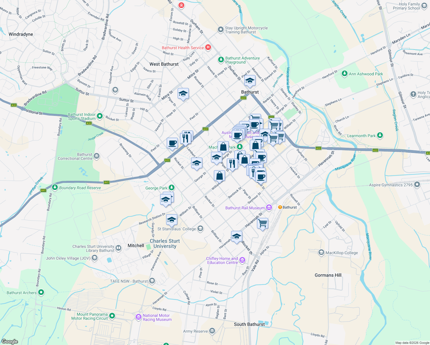 map of restaurants, bars, coffee shops, grocery stores, and more near 151 Lambert Street in Bathurst