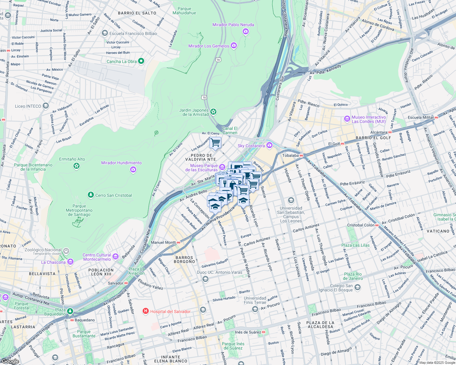 map of restaurants, bars, coffee shops, grocery stores, and more near 2115 Avenida Andrés Bello in Providencia