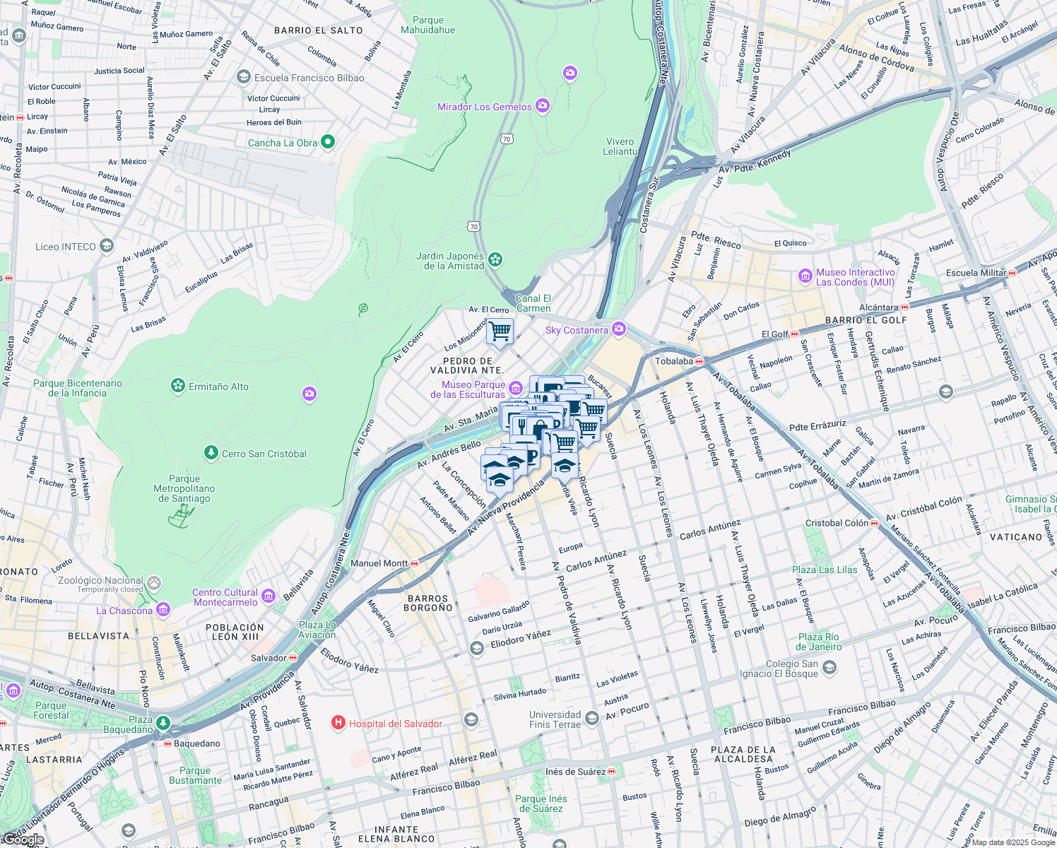 map of restaurants, bars, coffee shops, grocery stores, and more near 2115 Avenida Andrés Bello in Providencia