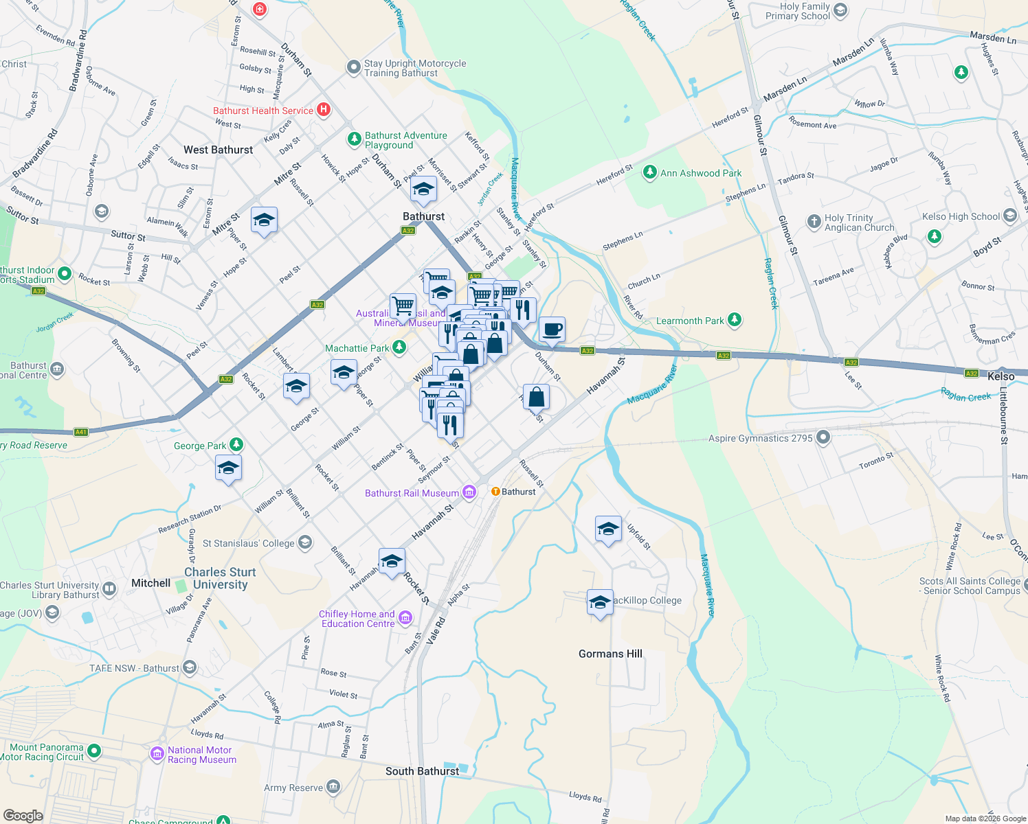 map of restaurants, bars, coffee shops, grocery stores, and more near 14 Seymour Street in Bathurst