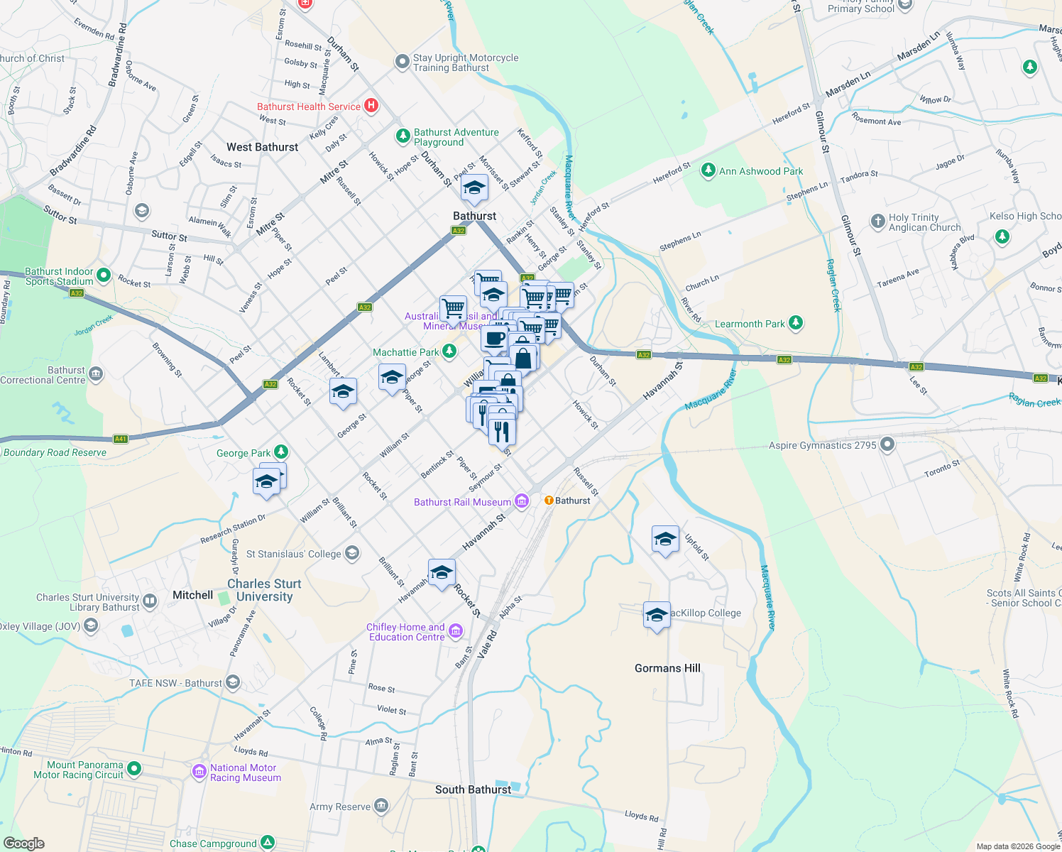 map of restaurants, bars, coffee shops, grocery stores, and more near 88 Russell Street in Bathurst