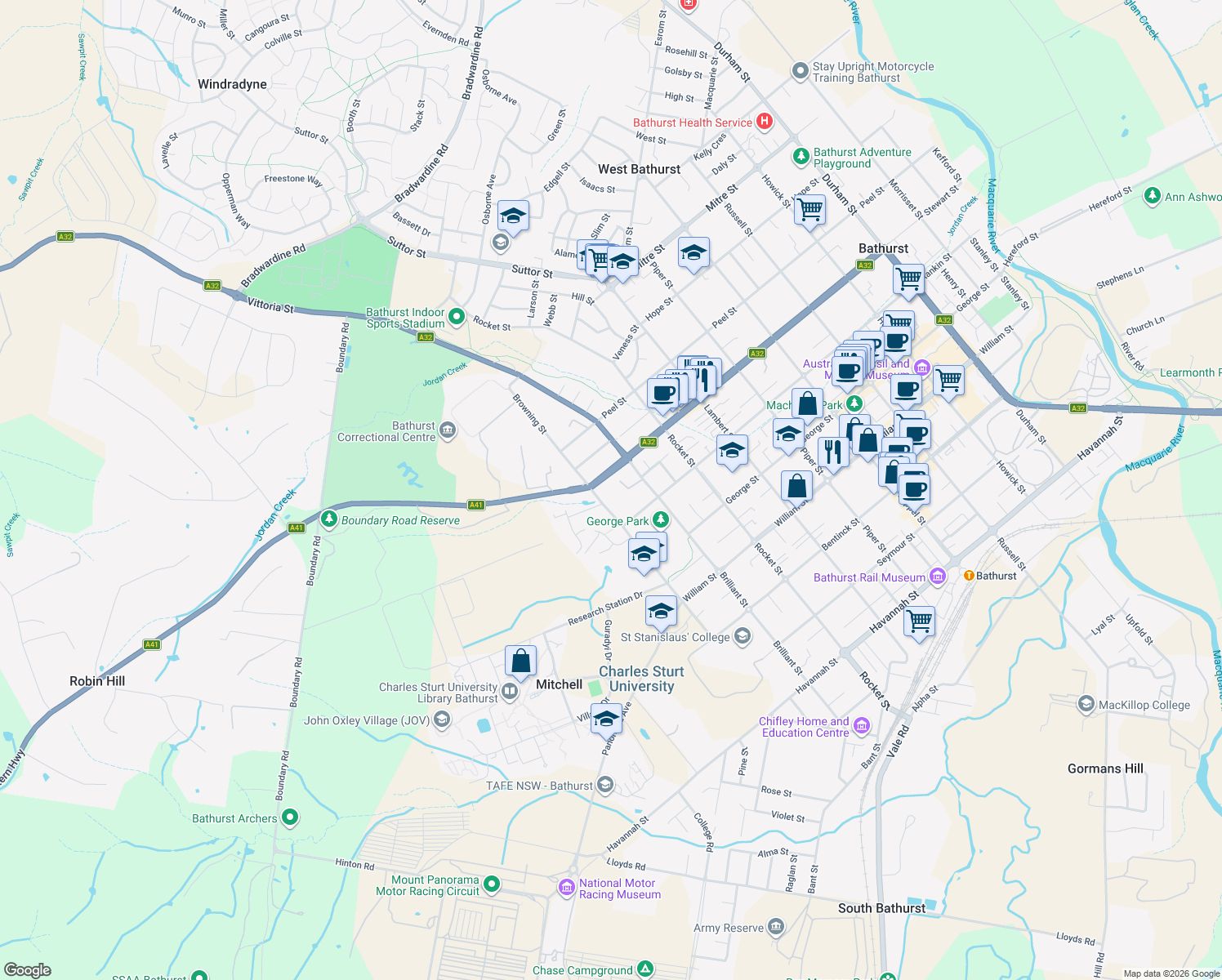 map of restaurants, bars, coffee shops, grocery stores, and more near 356 Stewart Street in Mitchell