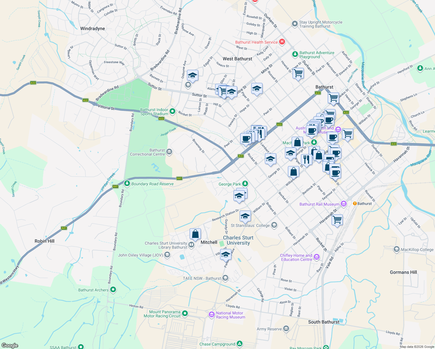map of restaurants, bars, coffee shops, grocery stores, and more near 366 Stewart Street in Mitchell