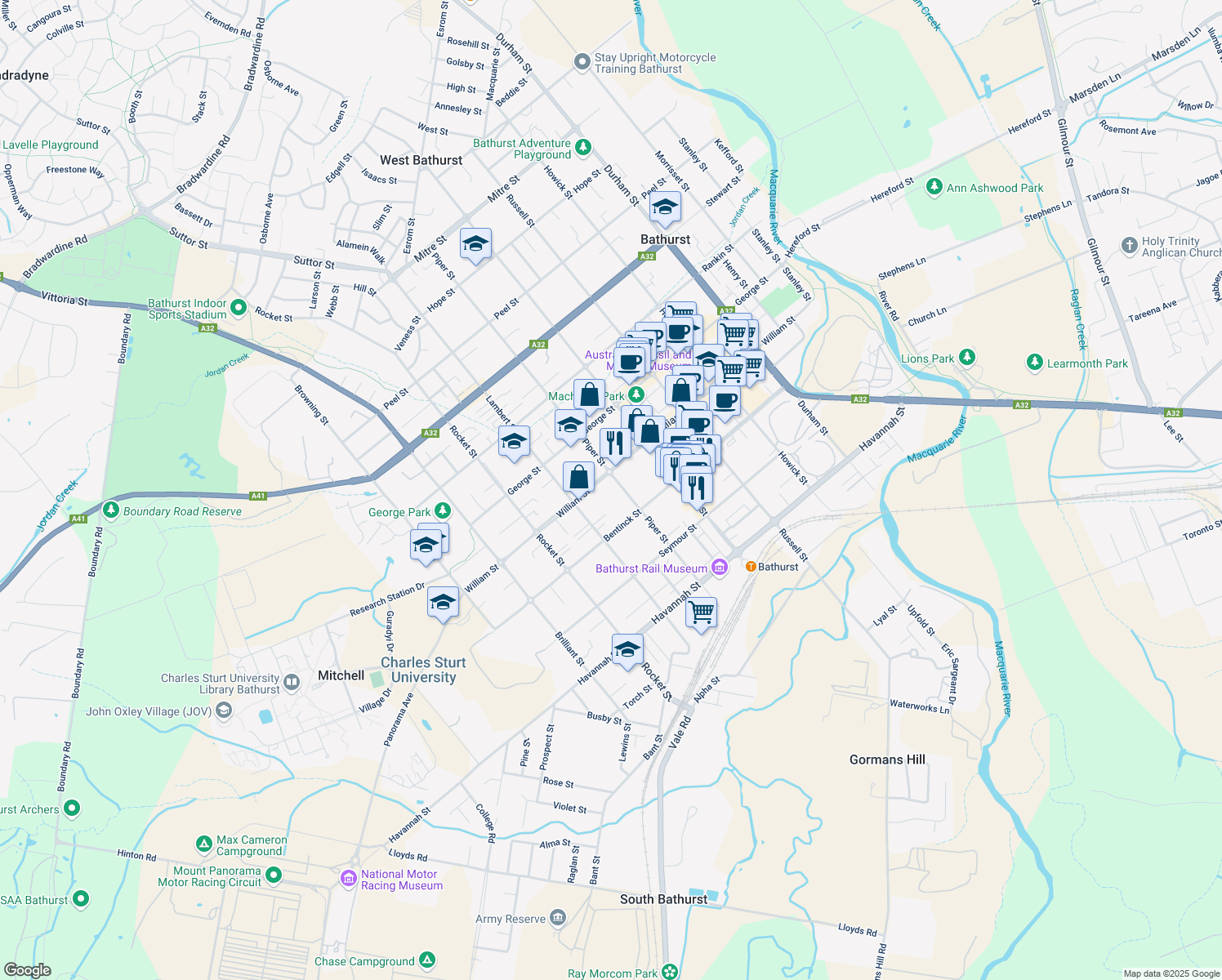 map of restaurants, bars, coffee shops, grocery stores, and more near 112 Piper Street in Bathurst