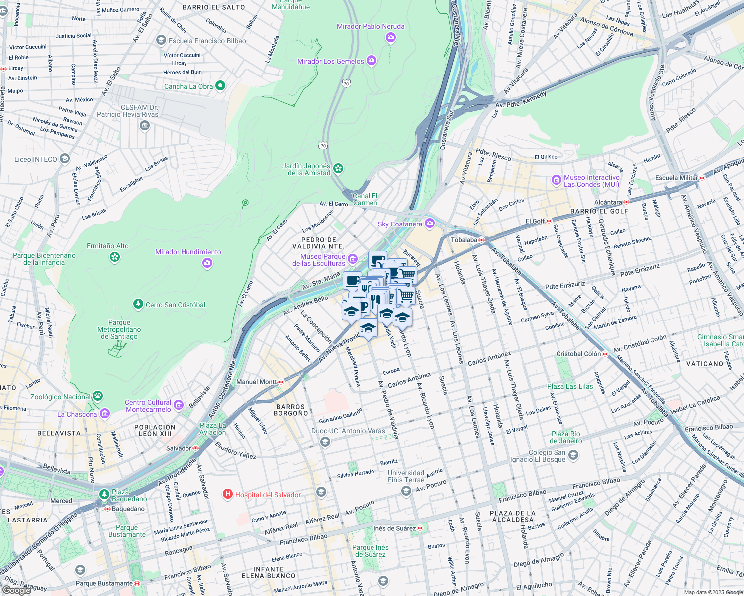map of restaurants, bars, coffee shops, grocery stores, and more near 2124 Avenida Providencia in Providencia
