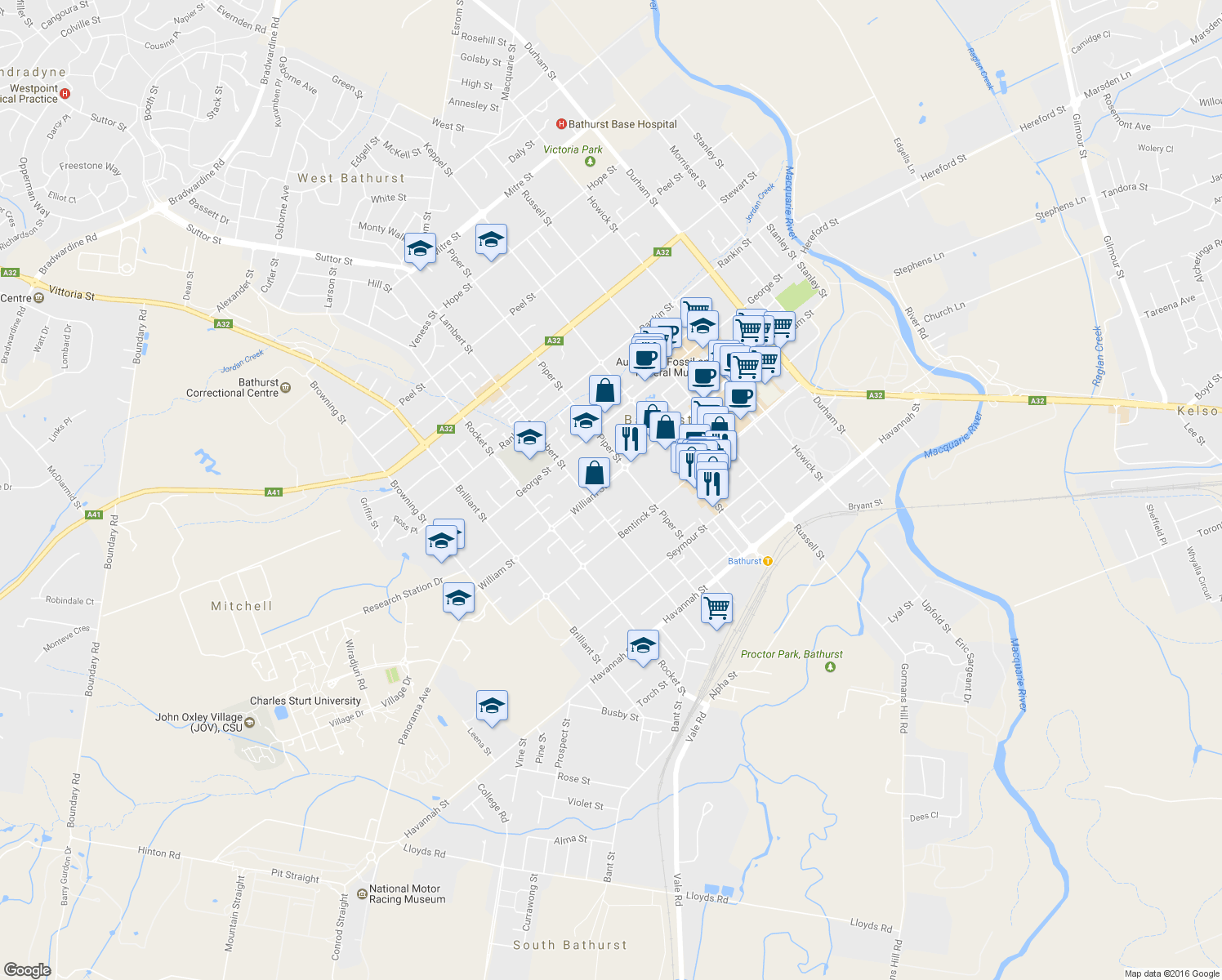 map of restaurants, bars, coffee shops, grocery stores, and more near 194 William Street in Bathurst