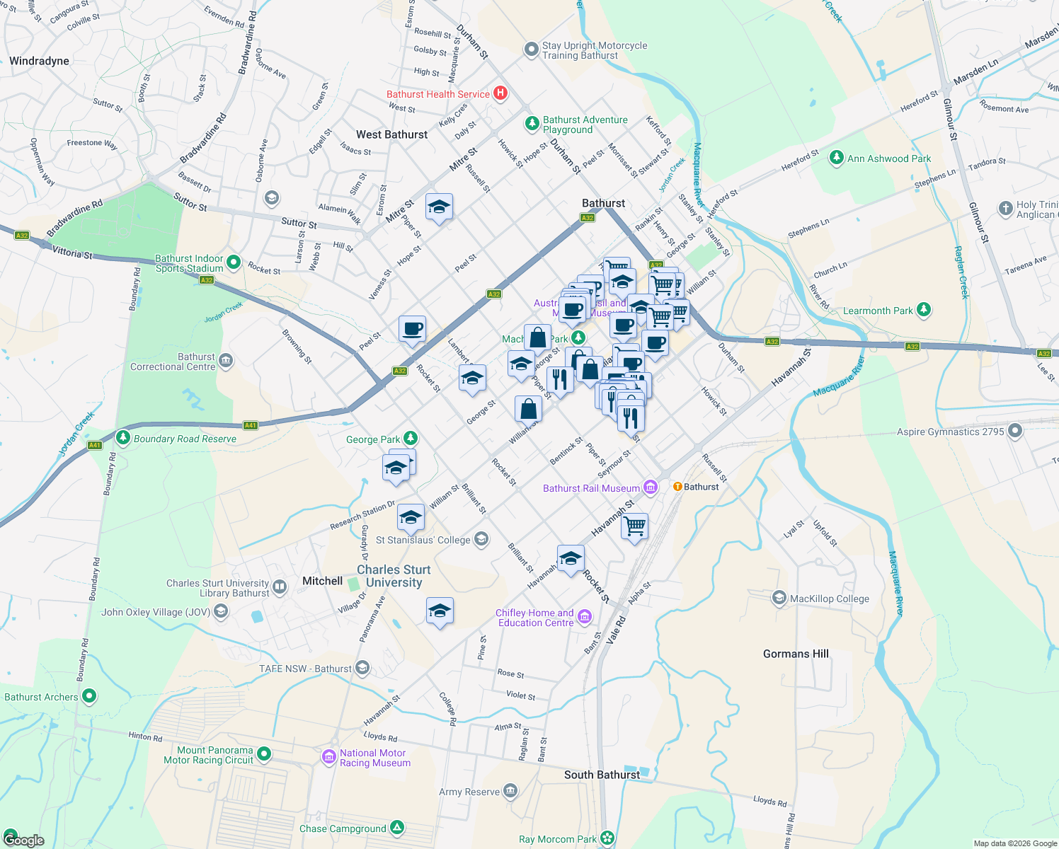 map of restaurants, bars, coffee shops, grocery stores, and more near 155 William Street in Bathurst