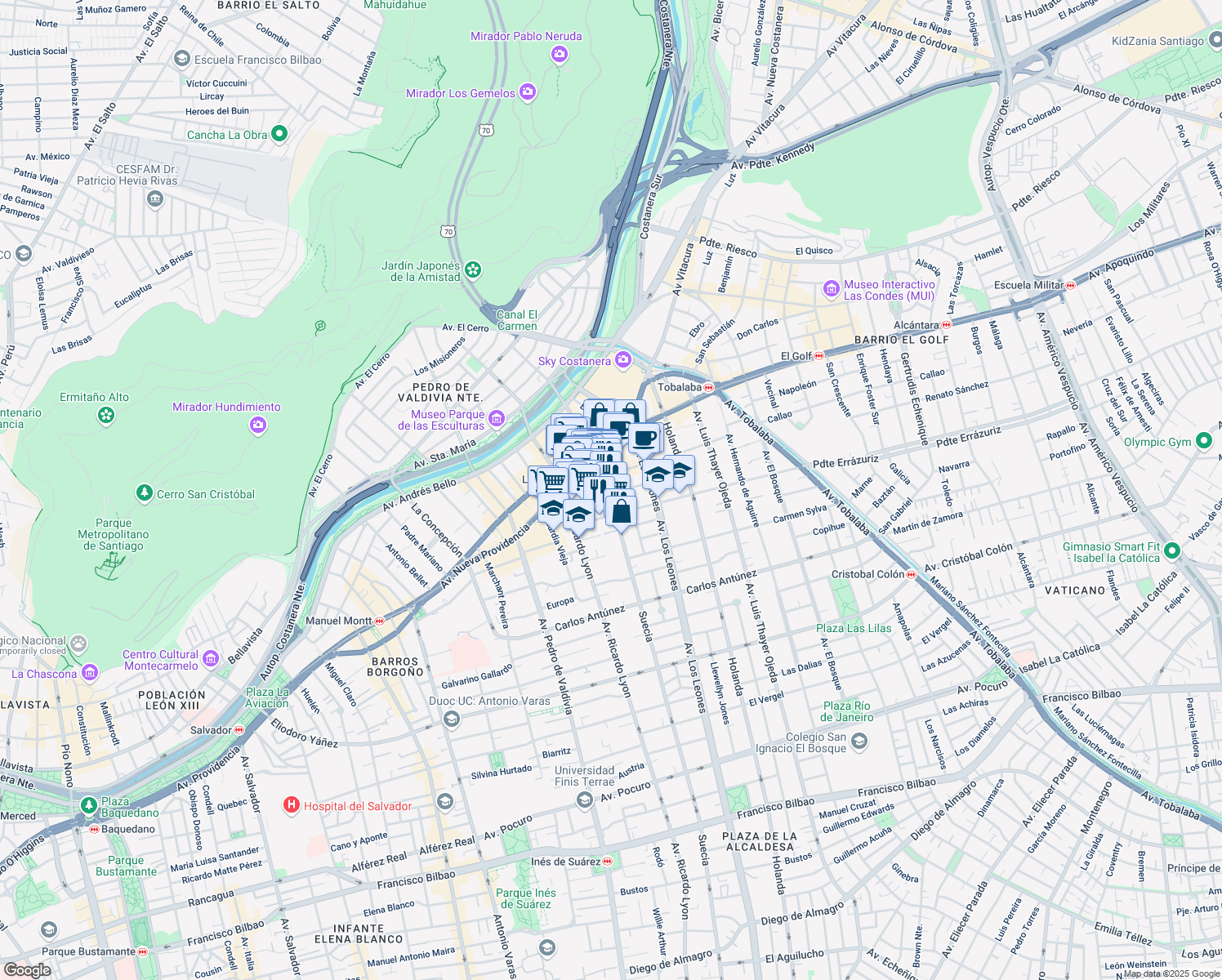 map of restaurants, bars, coffee shops, grocery stores, and more near 200 Suecia in Santiago