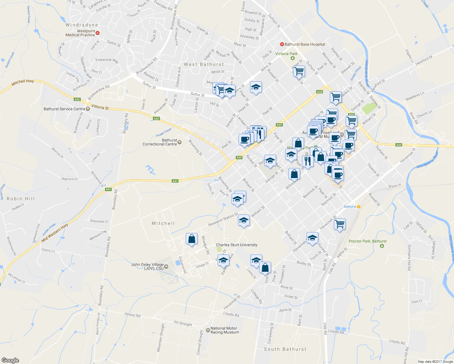 map of restaurants, bars, coffee shops, grocery stores, and more near 197A Browning Street in Mitchell