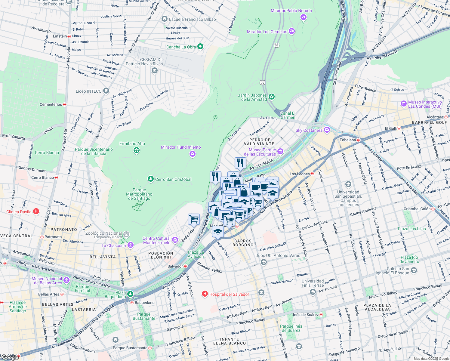 map of restaurants, bars, coffee shops, grocery stores, and more near 1726 Los Conquistadores in Santiago