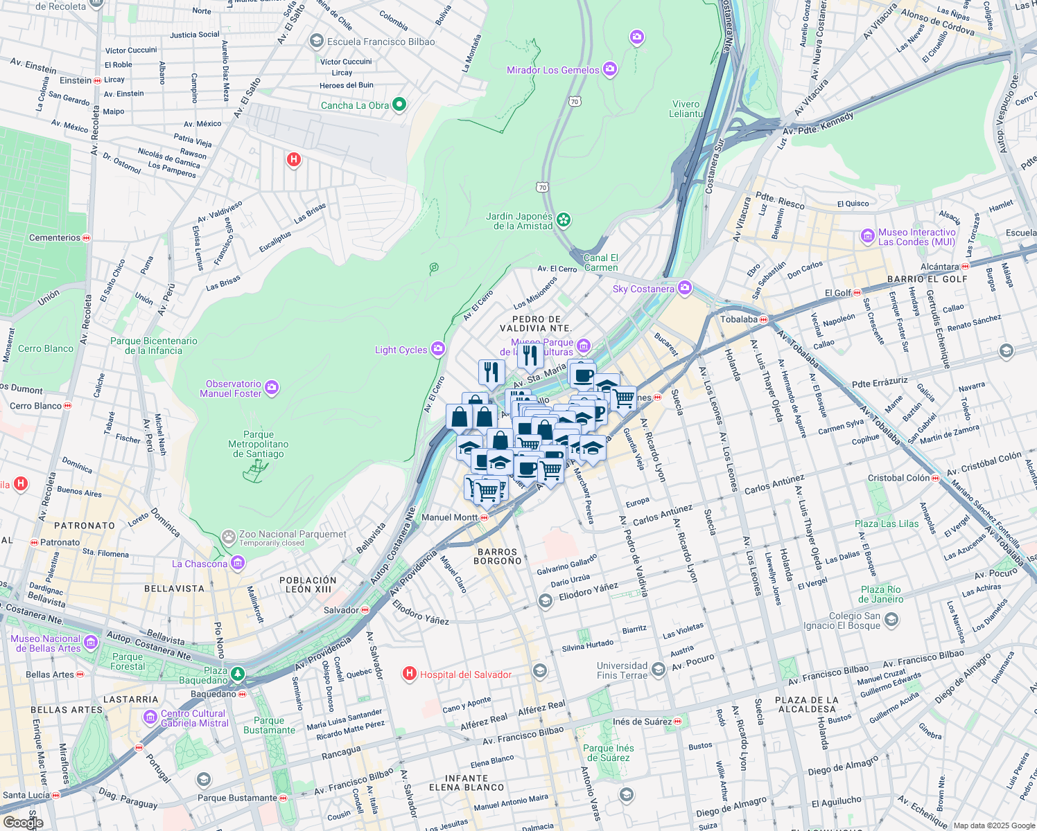 map of restaurants, bars, coffee shops, grocery stores, and more near 1857 Avenida Andrés Bello in Providencia