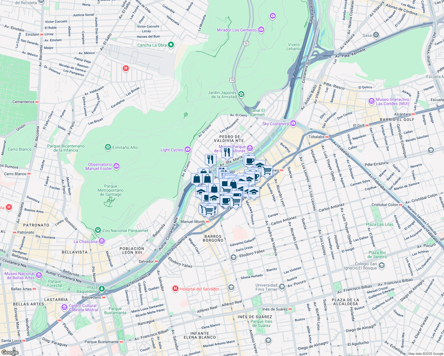 map of restaurants, bars, coffee shops, grocery stores, and more near 1857 Avenida Andrés Bello in Providencia