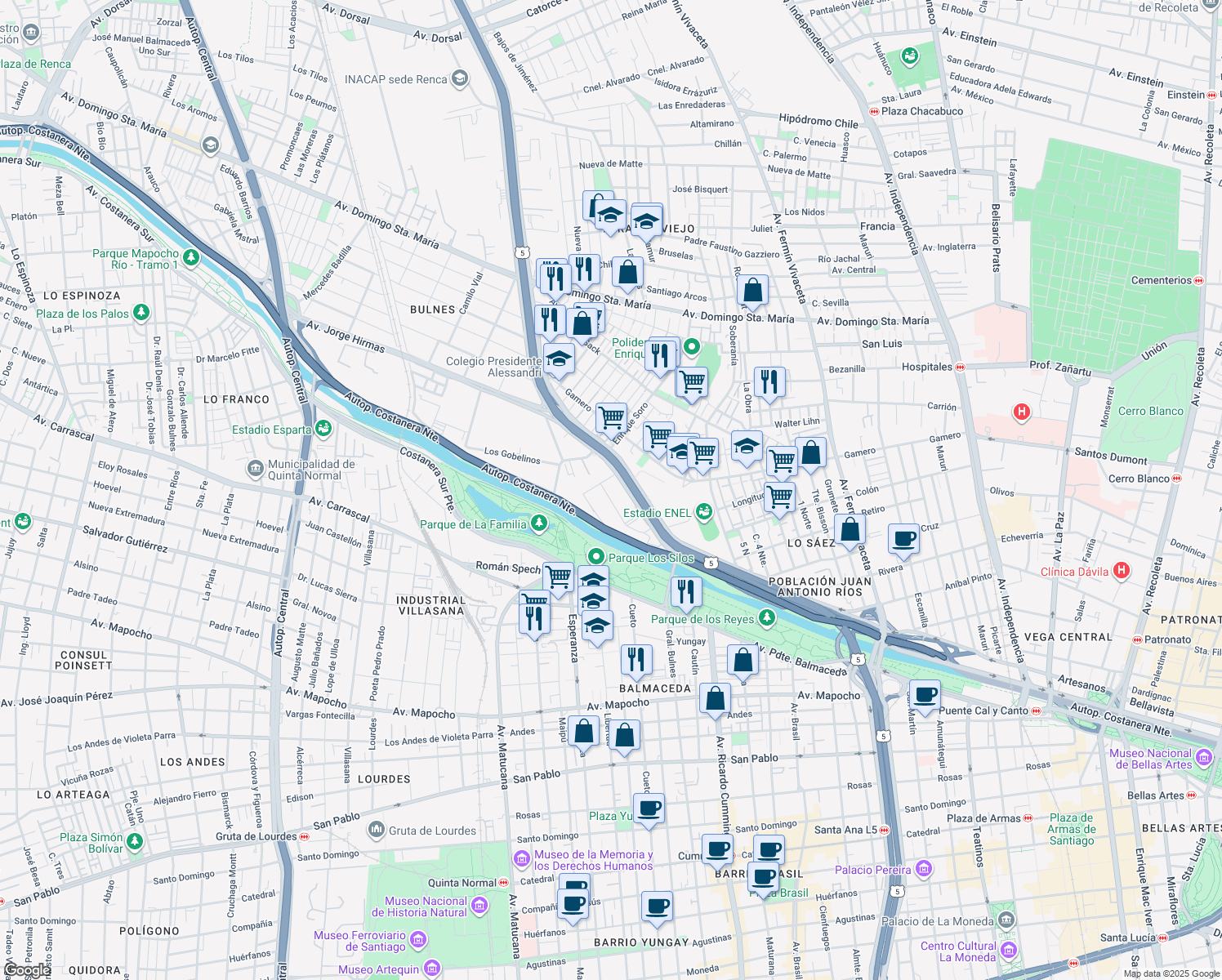 map of restaurants, bars, coffee shops, grocery stores, and more near 550 Avenida Presidente Eduardo Frei Montalva in Renca