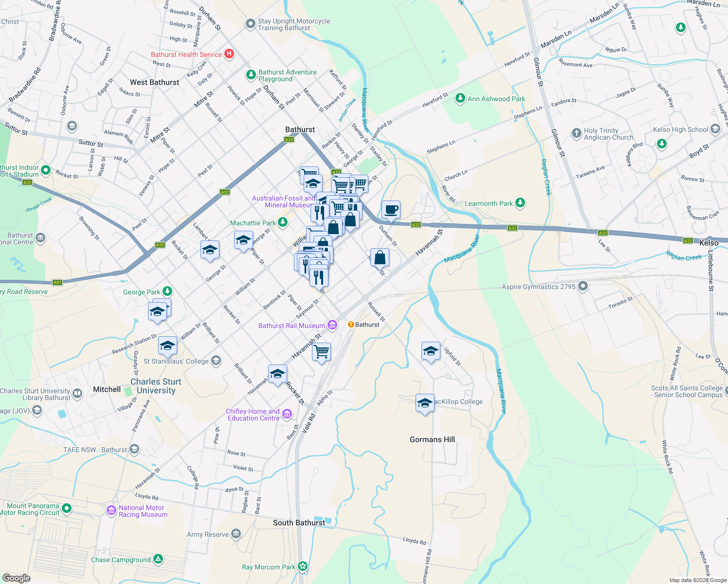 map of restaurants, bars, coffee shops, grocery stores, and more near 115 Russell Street in Bathurst