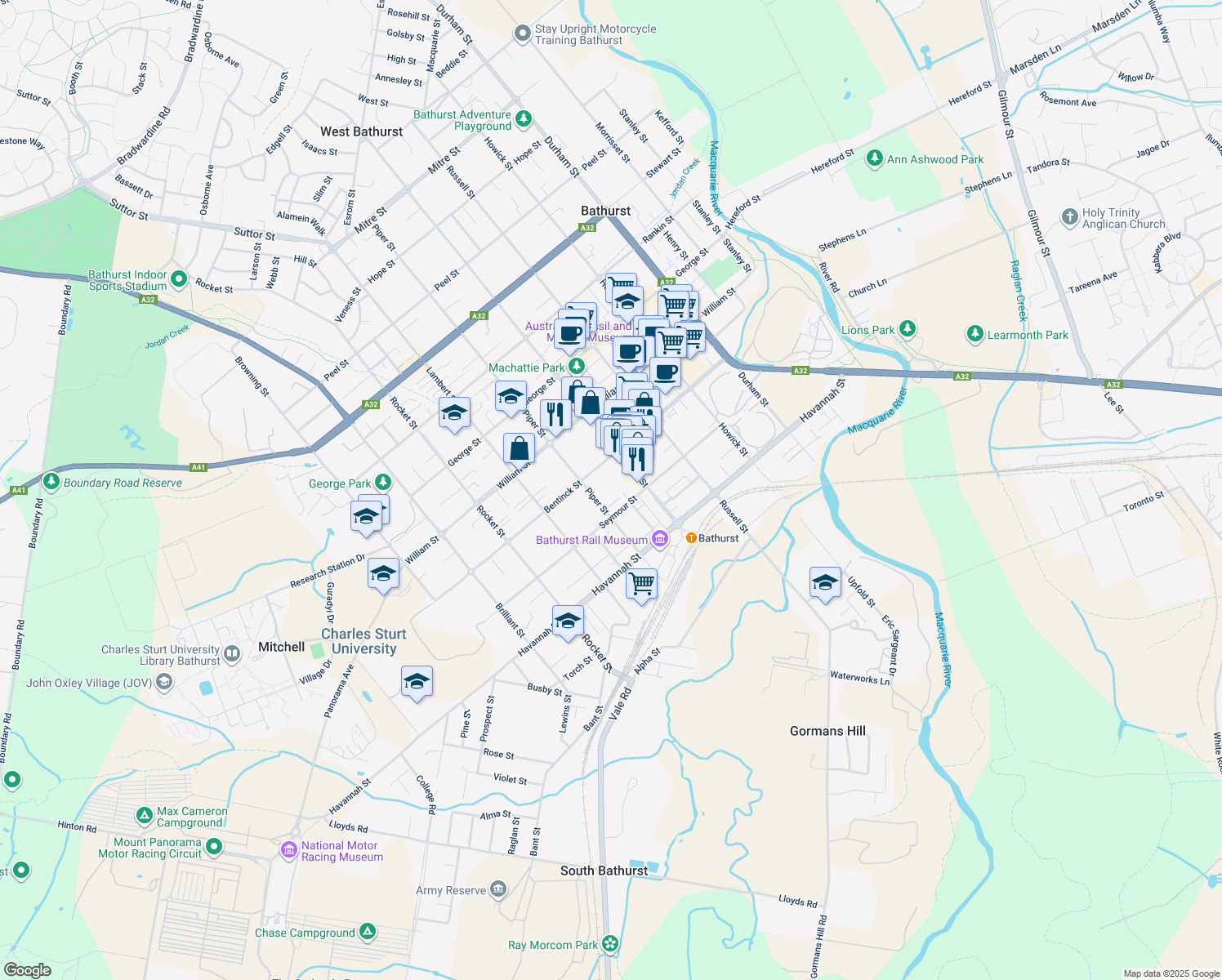 map of restaurants, bars, coffee shops, grocery stores, and more near 55 Piper Street in Bathurst