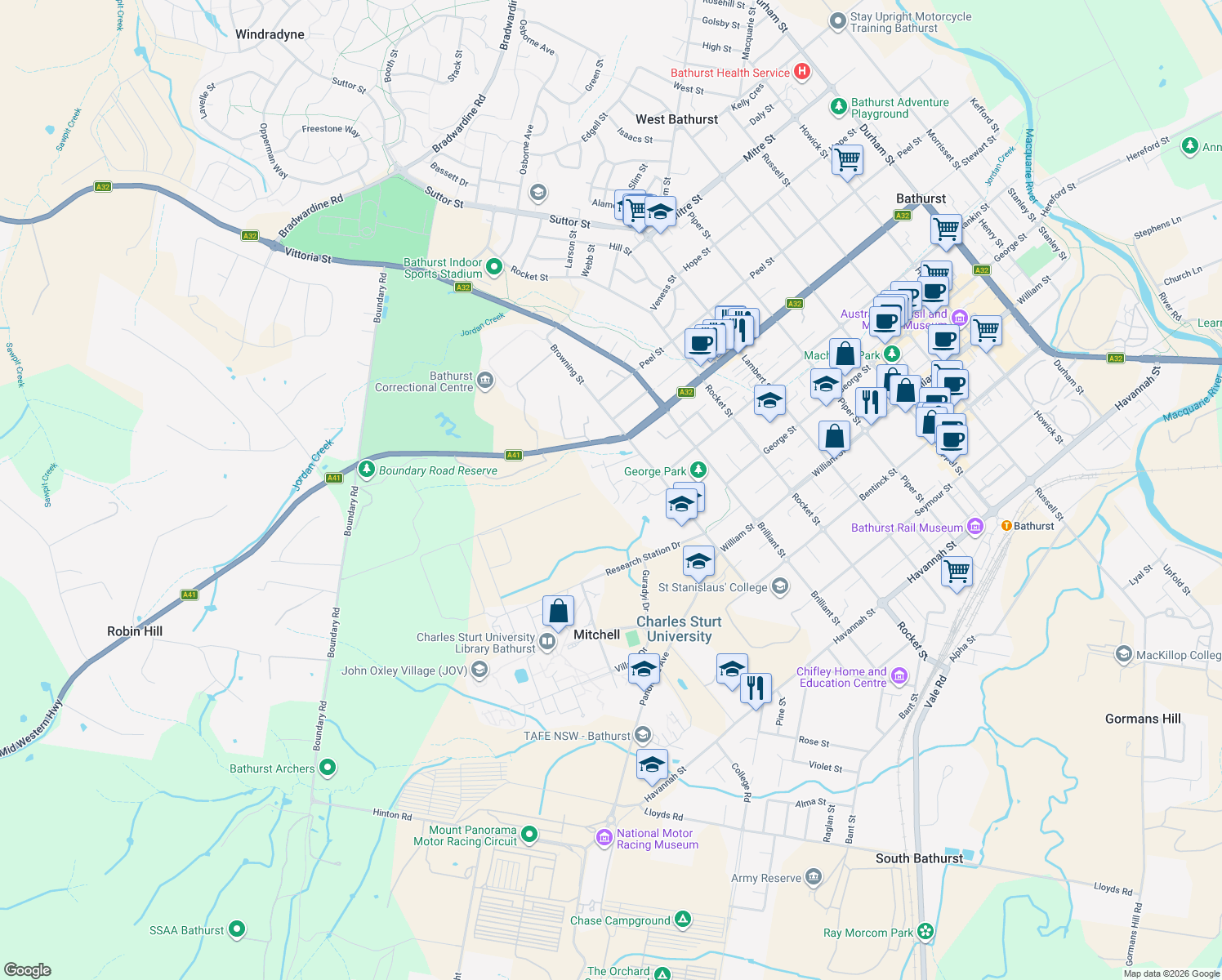 map of restaurants, bars, coffee shops, grocery stores, and more near 31 Griffin Street in Mitchell