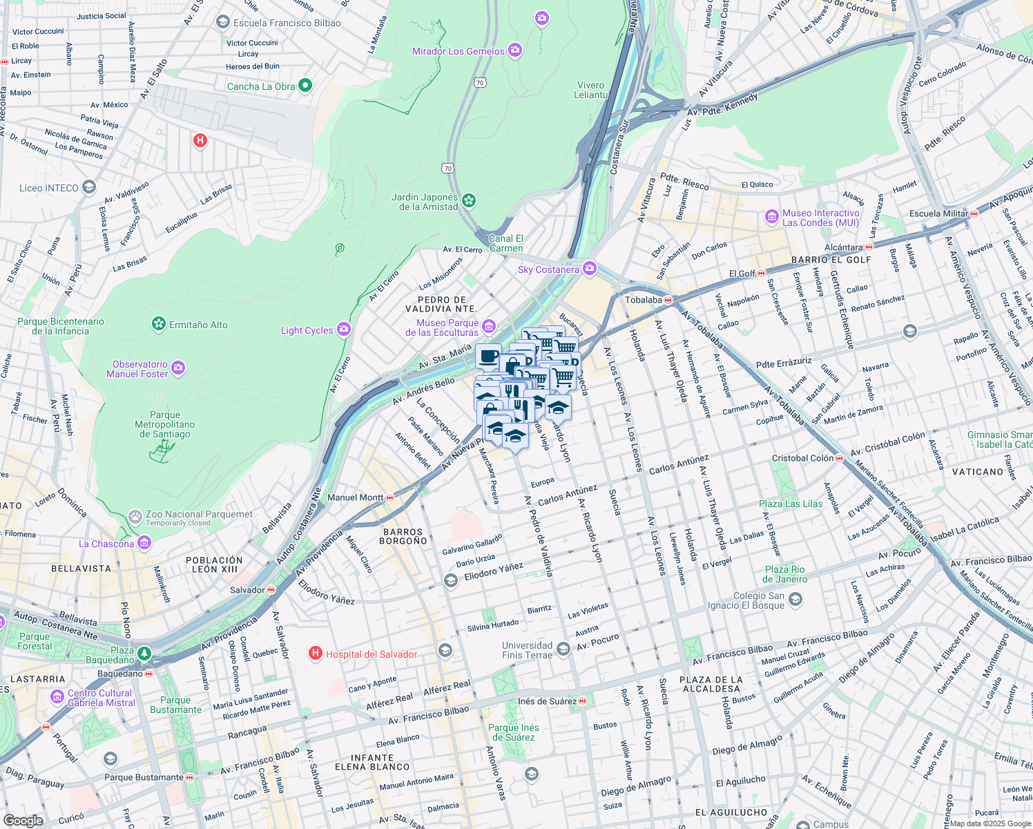 map of restaurants, bars, coffee shops, grocery stores, and more near Avenida Nueva Providencia in Providencia