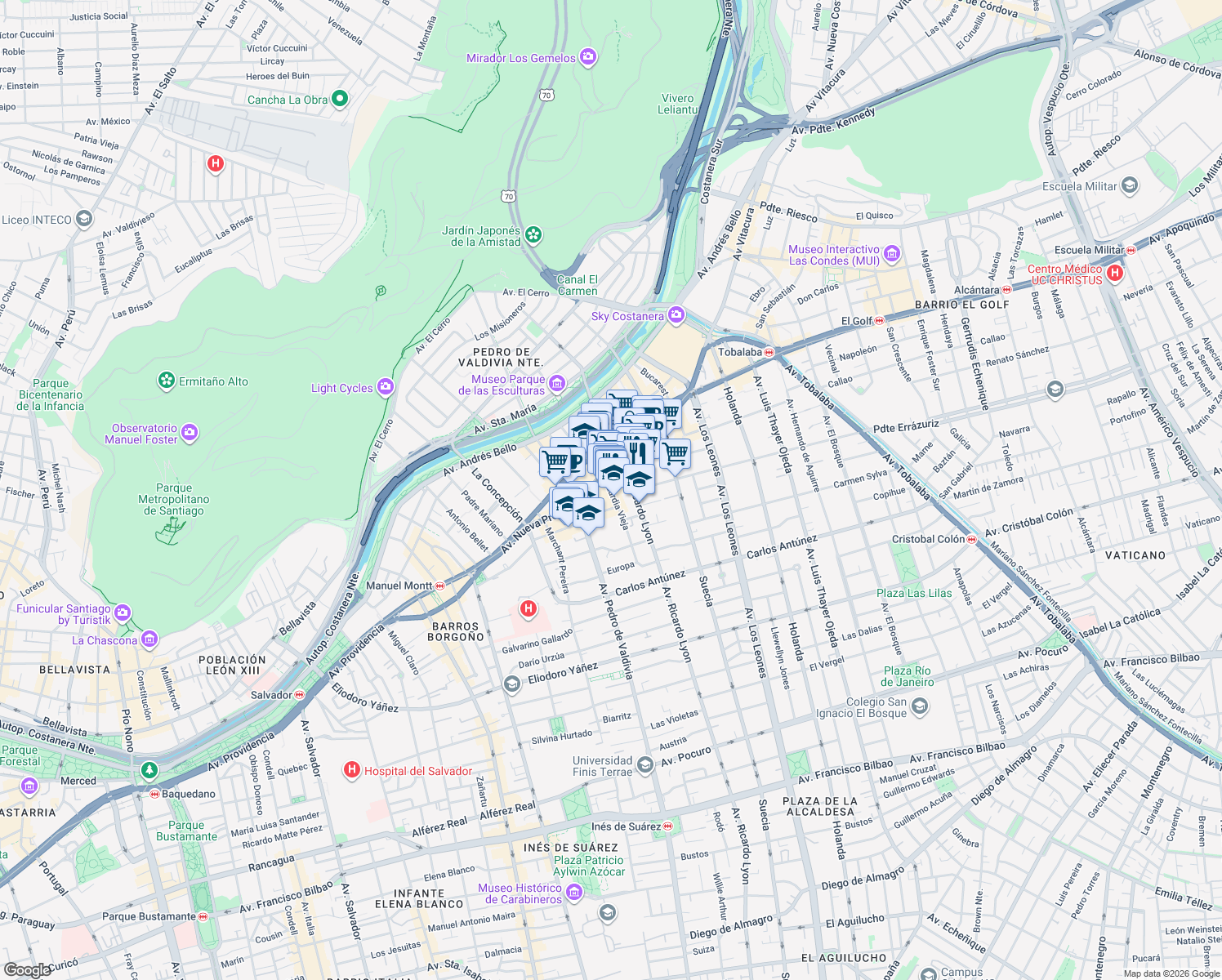 map of restaurants, bars, coffee shops, grocery stores, and more near 188 Guardia Vieja in Santiago