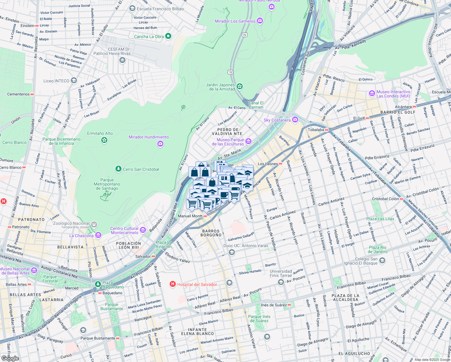 map of restaurants, bars, coffee shops, grocery stores, and more near 191 La Concepción in Santiago