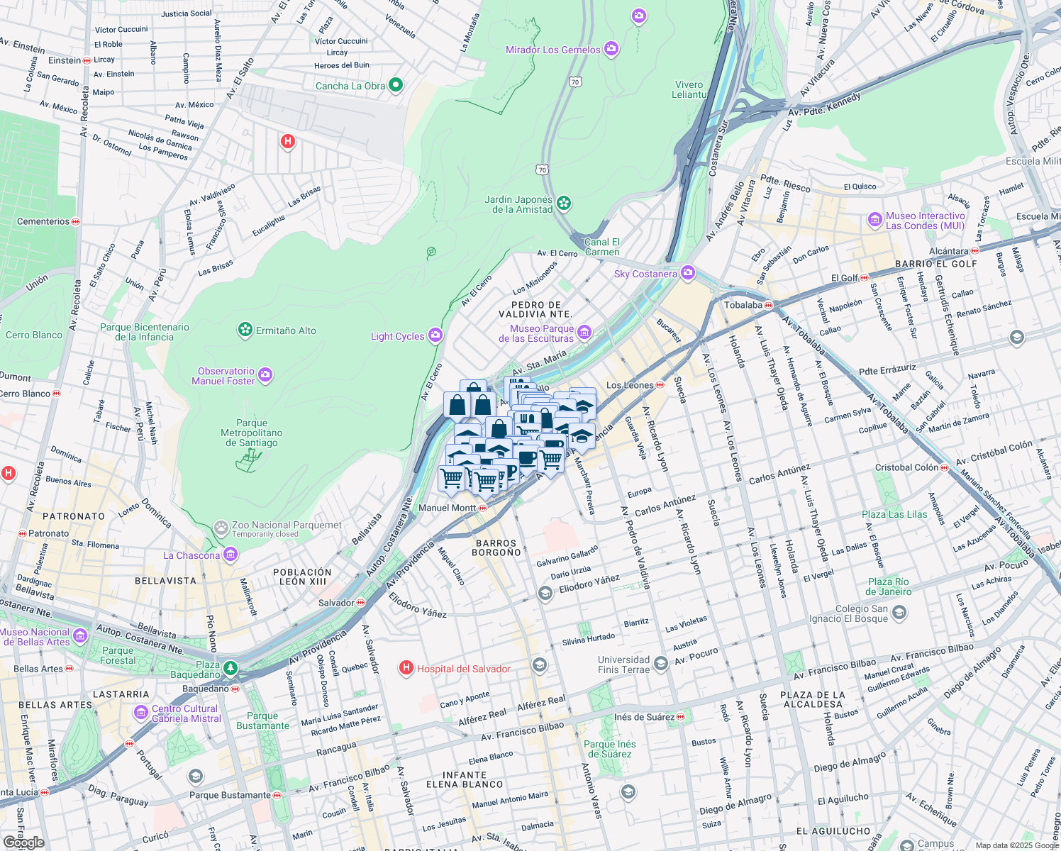 map of restaurants, bars, coffee shops, grocery stores, and more near 191 La Concepción in Santiago