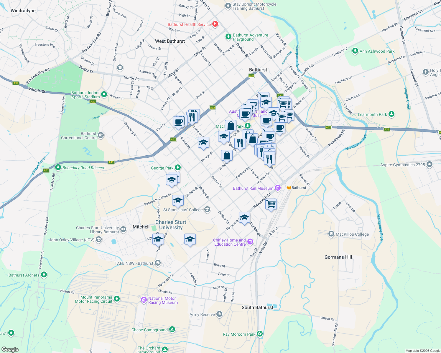 map of restaurants, bars, coffee shops, grocery stores, and more near 4-6 Prince Edward Street in Bathurst