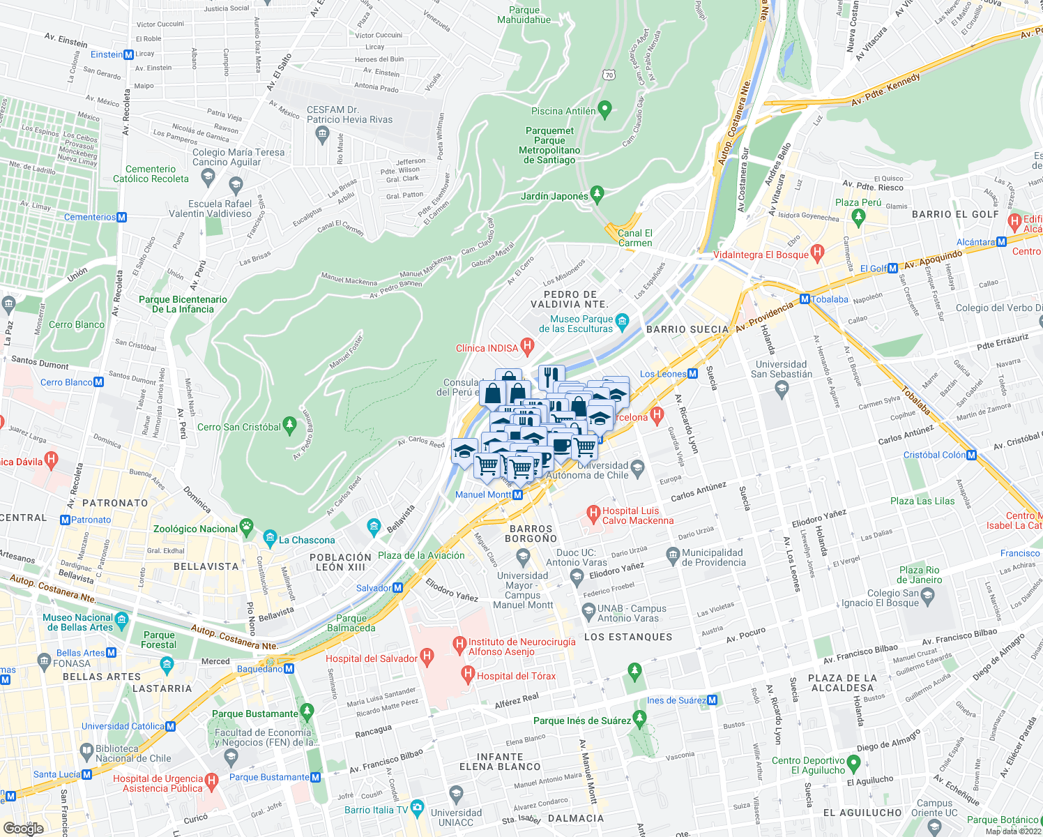 map of restaurants, bars, coffee shops, grocery stores, and more near 1635 Pérez Valenzuela in Providencia