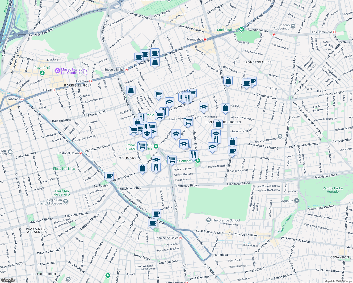 map of restaurants, bars, coffee shops, grocery stores, and more near 4772 José de Moraleda in Las Condes