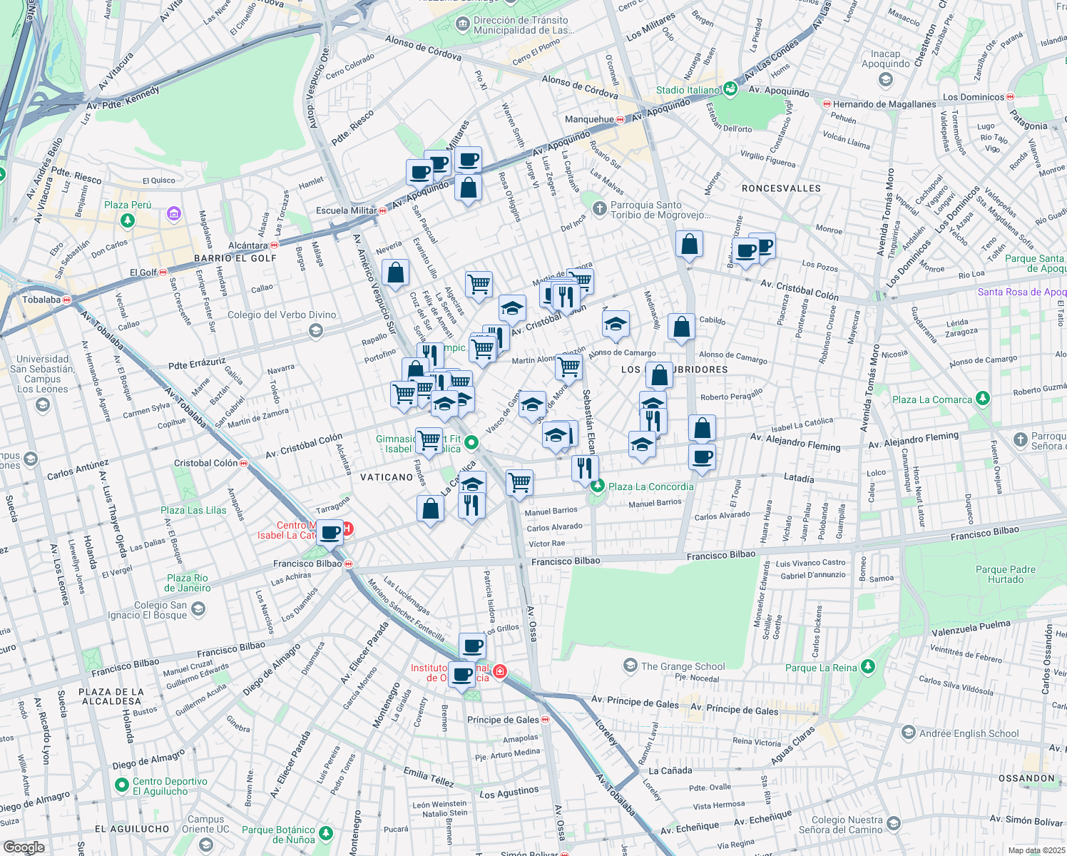 map of restaurants, bars, coffee shops, grocery stores, and more near 4772 José de Moraleda in Las Condes