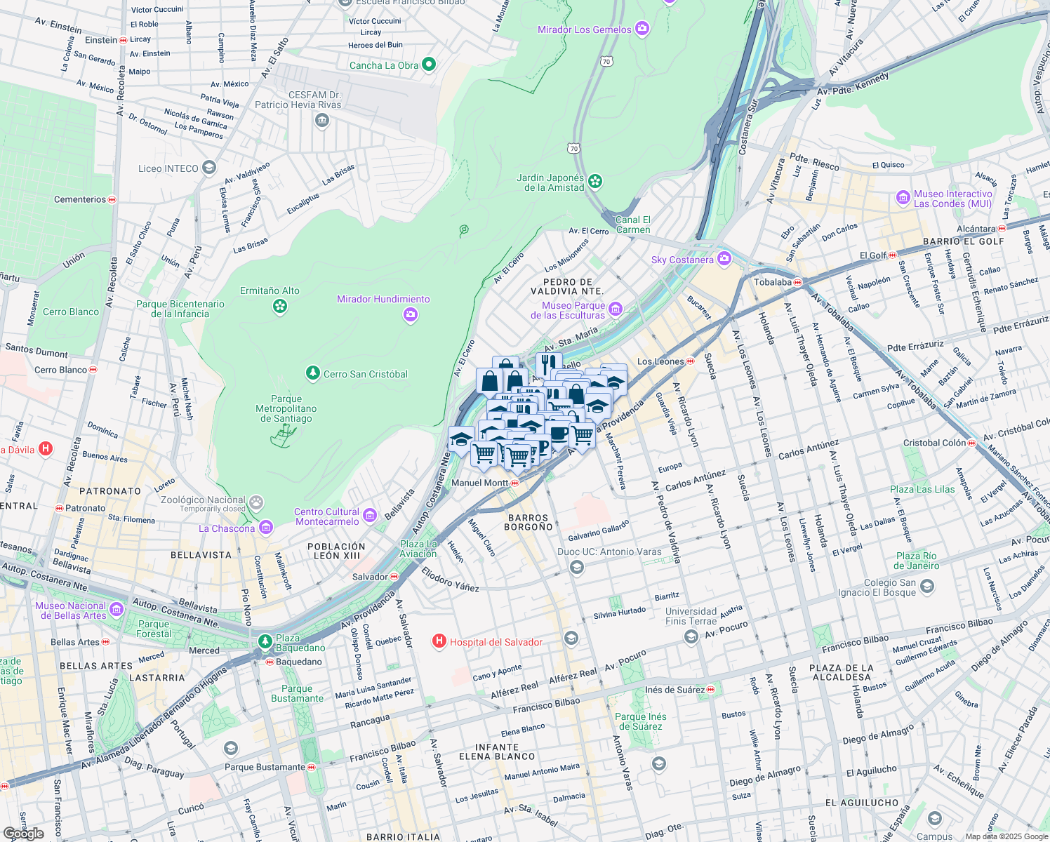 map of restaurants, bars, coffee shops, grocery stores, and more near 290 Antonio Bellet in Santiago