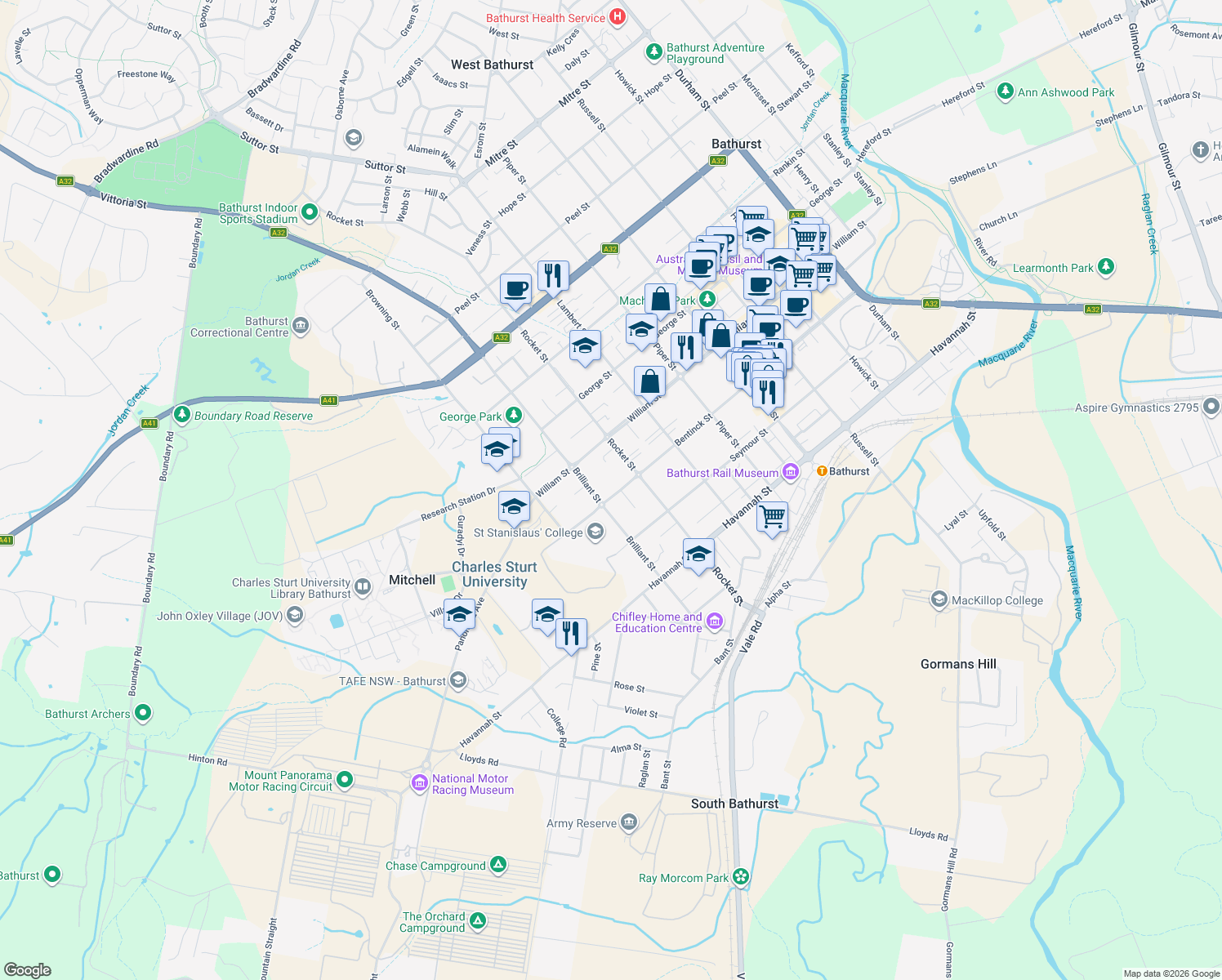 map of restaurants, bars, coffee shops, grocery stores, and more near 259 Bentinck Street in Bathurst