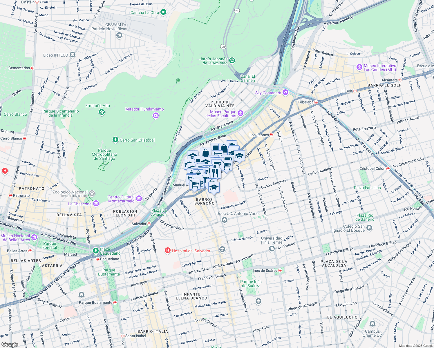 map of restaurants, bars, coffee shops, grocery stores, and more near 13 Antonio Bellet in Santiago