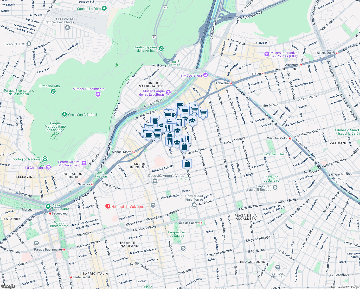 map of restaurants, bars, coffee shops, grocery stores, and more near 428 Avenida Pedro de Valdivia in Providencia